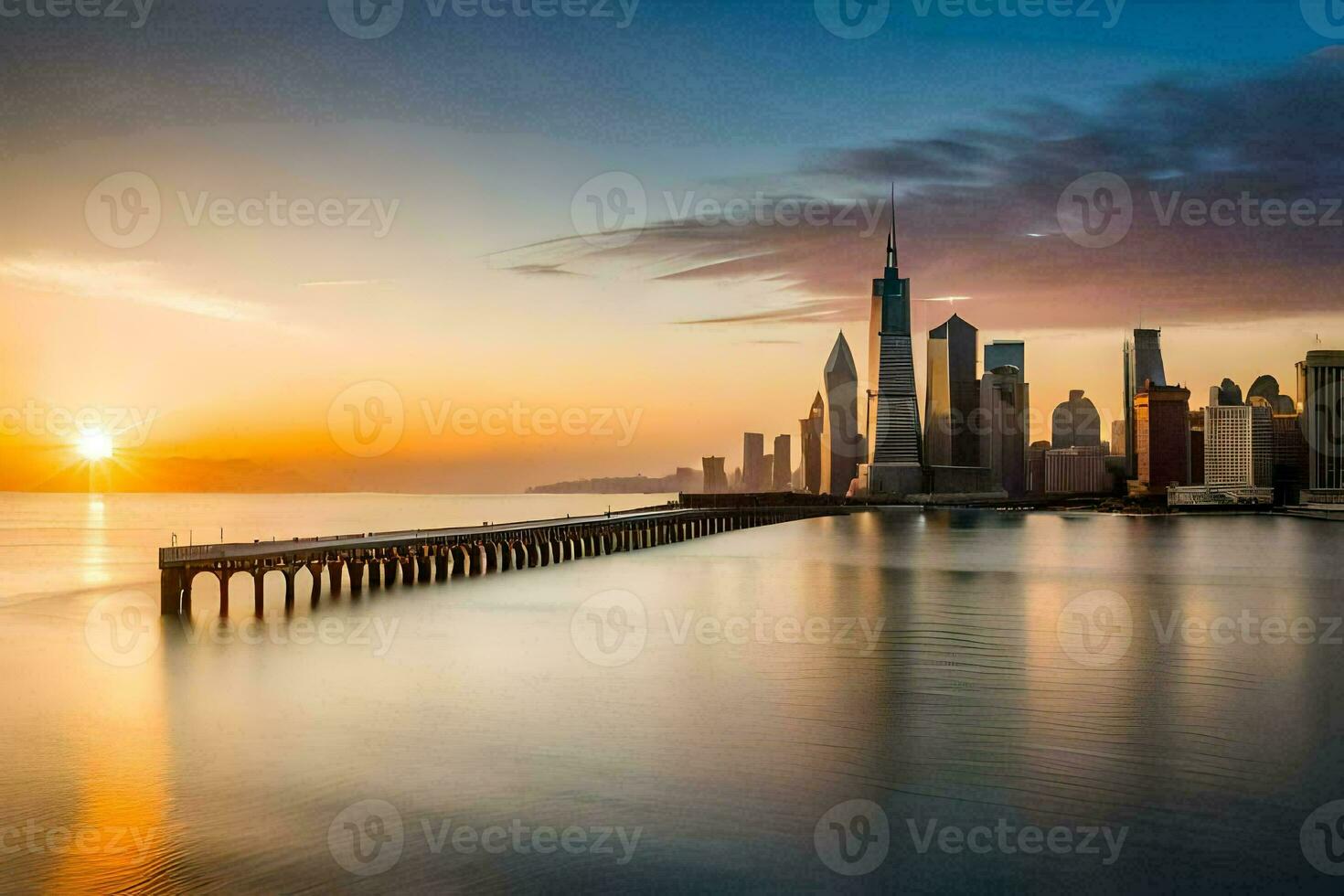 the manhattan skyline at sunset. AI-Generated photo