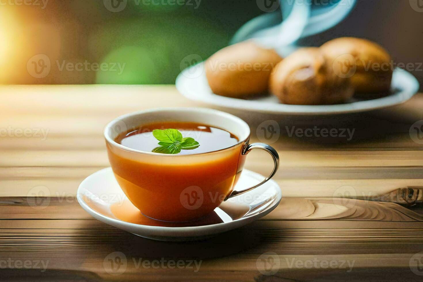 a cup of tea with a slice of lemon and a piece of bread on a wooden table. AI-Generated photo