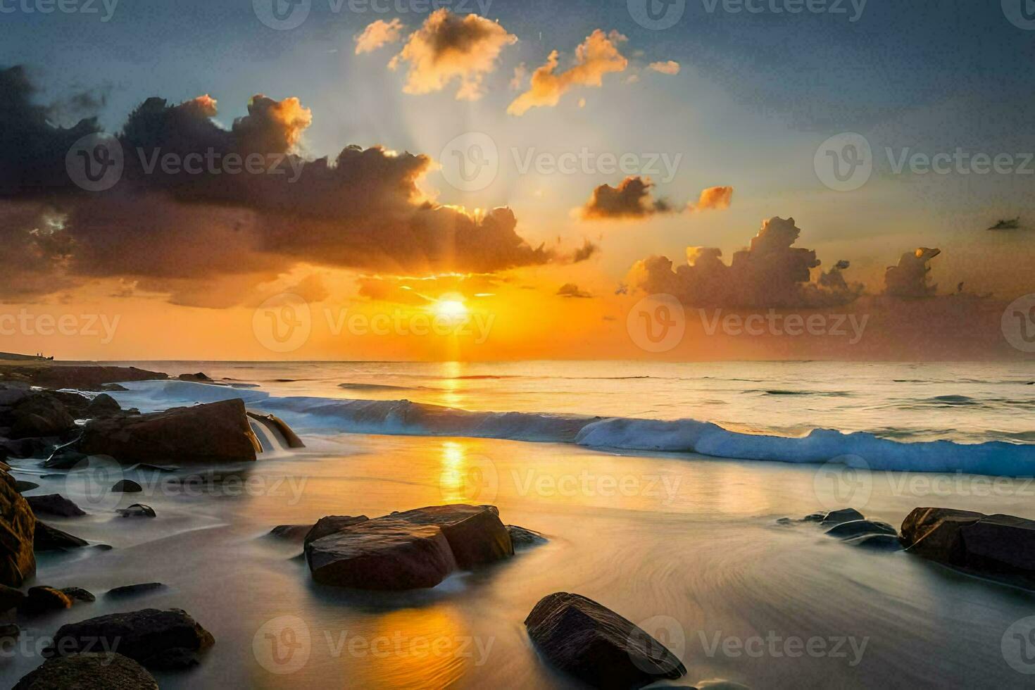 the sun rises over the ocean and rocks on the beach. AI-Generated photo