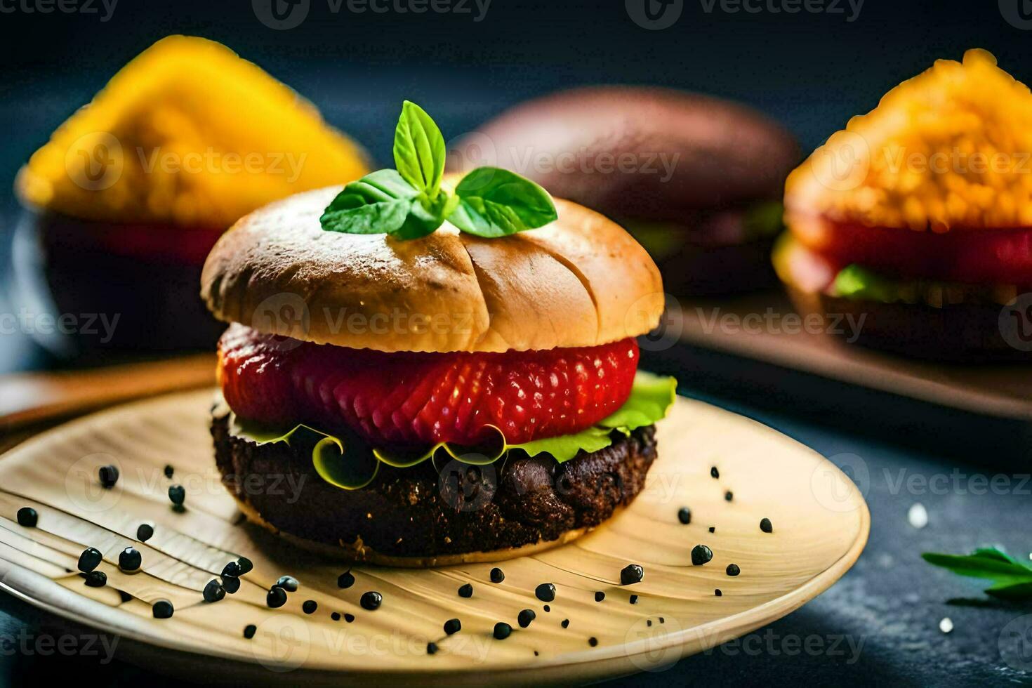 a hamburger with strawberries and basil on it. AI-Generated photo