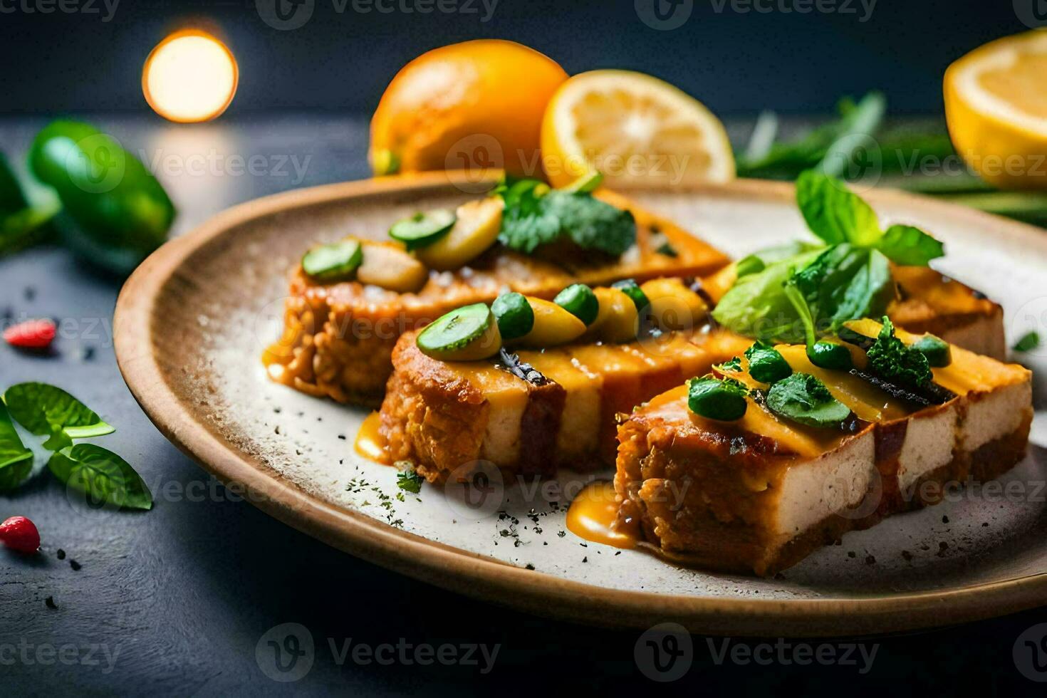 three slices of cheese on a plate with lemon slices. AI-Generated photo