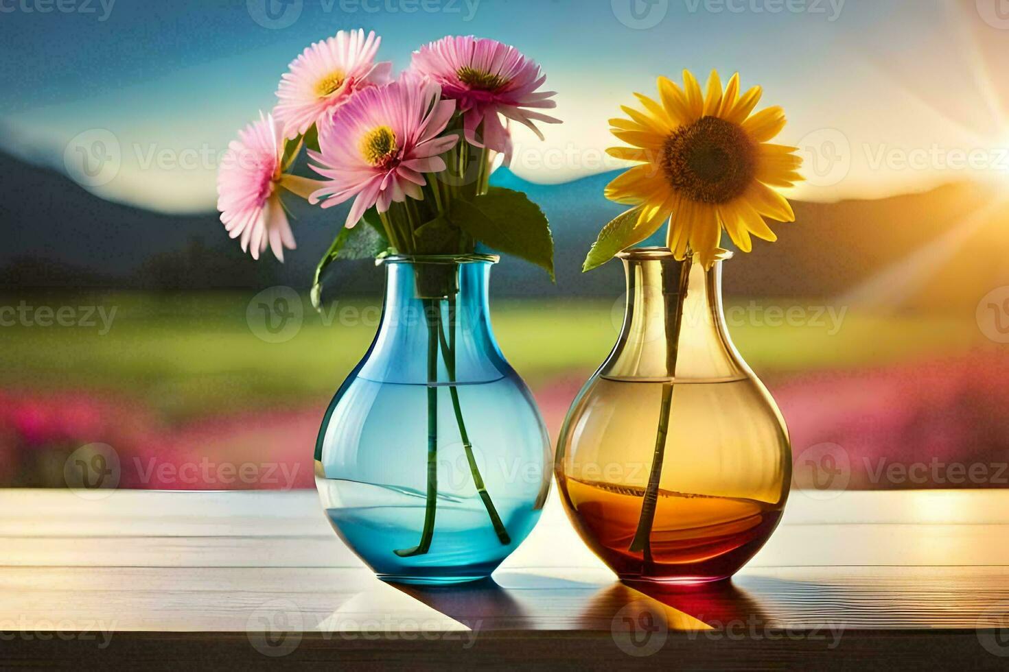 two vases with flowers on a table in front of a sunset. AI-Generated photo