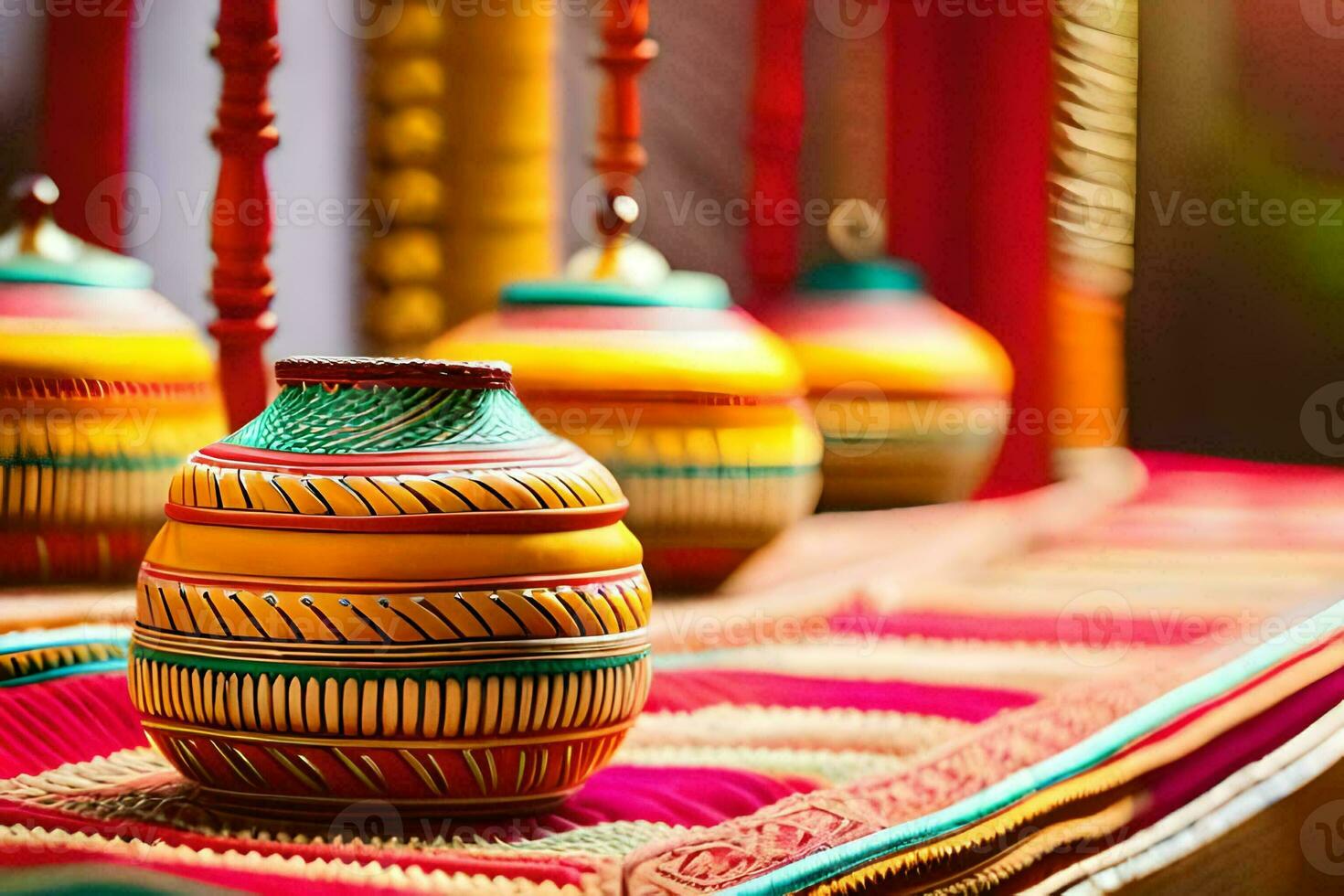 colorful pottery on display in a shop. AI-Generated photo