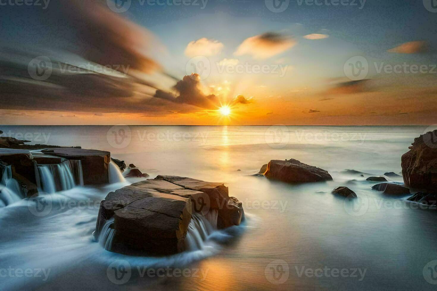 the sun sets over the ocean and rocks. AI-Generated photo