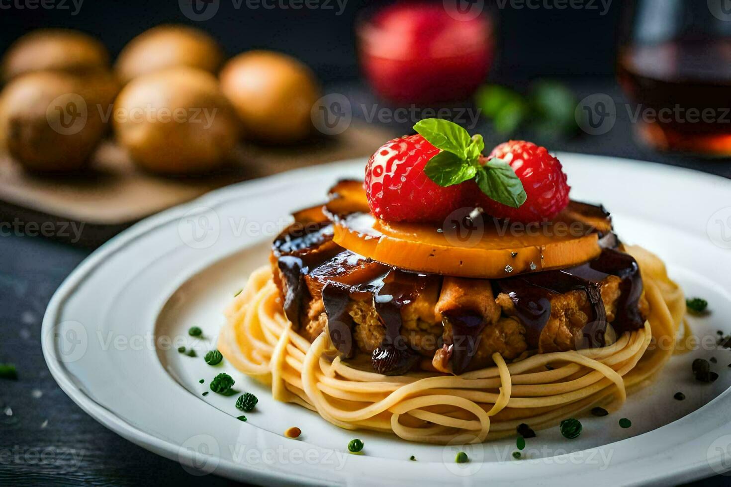 a plate with spaghetti and fruit on it. AI-Generated photo