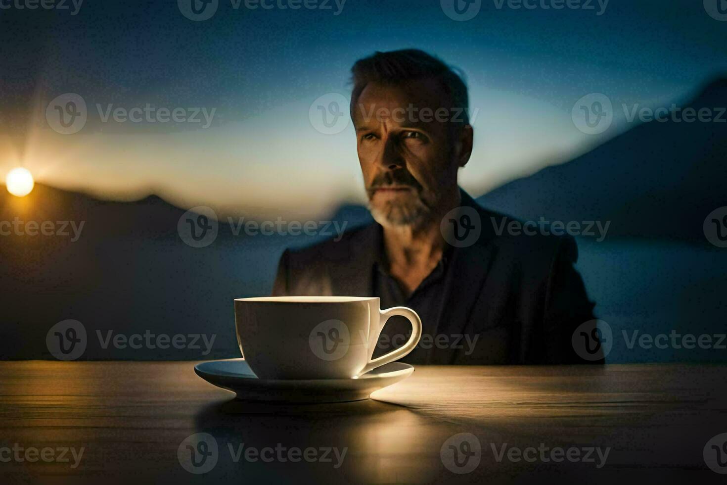 a man sits at a table with a cup of coffee. AI-Generated photo