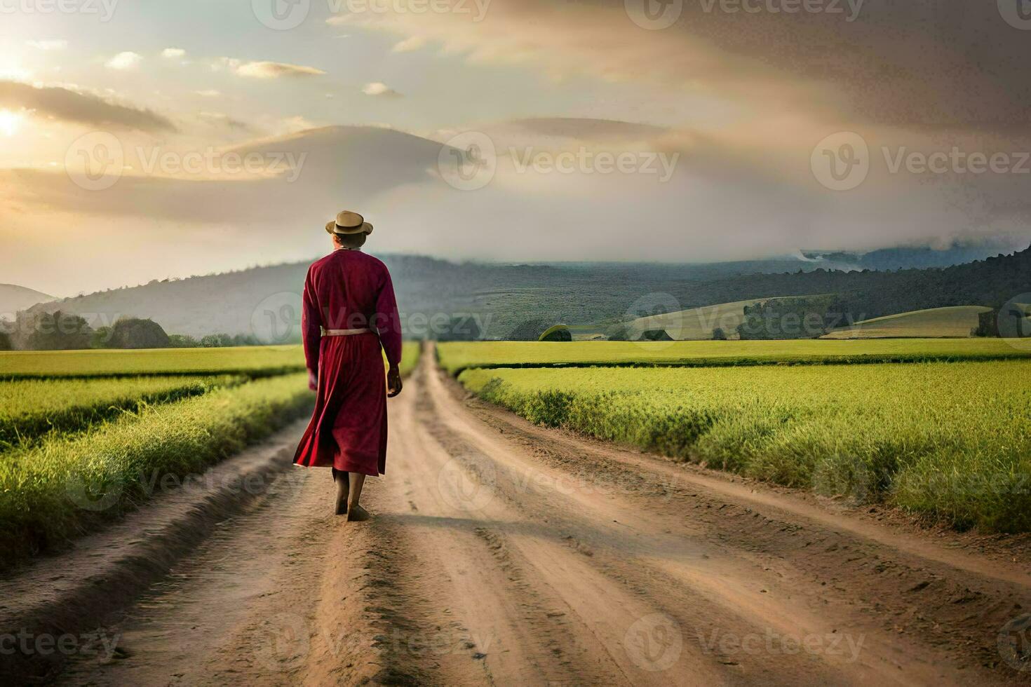 a monk walks down a dirt road in a field. AI-Generated photo