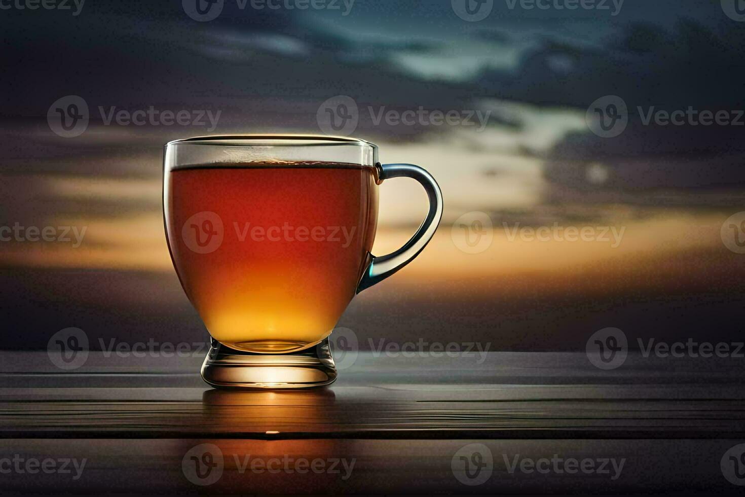 a glass cup of tea on a table with a sunset in the background. AI-Generated photo