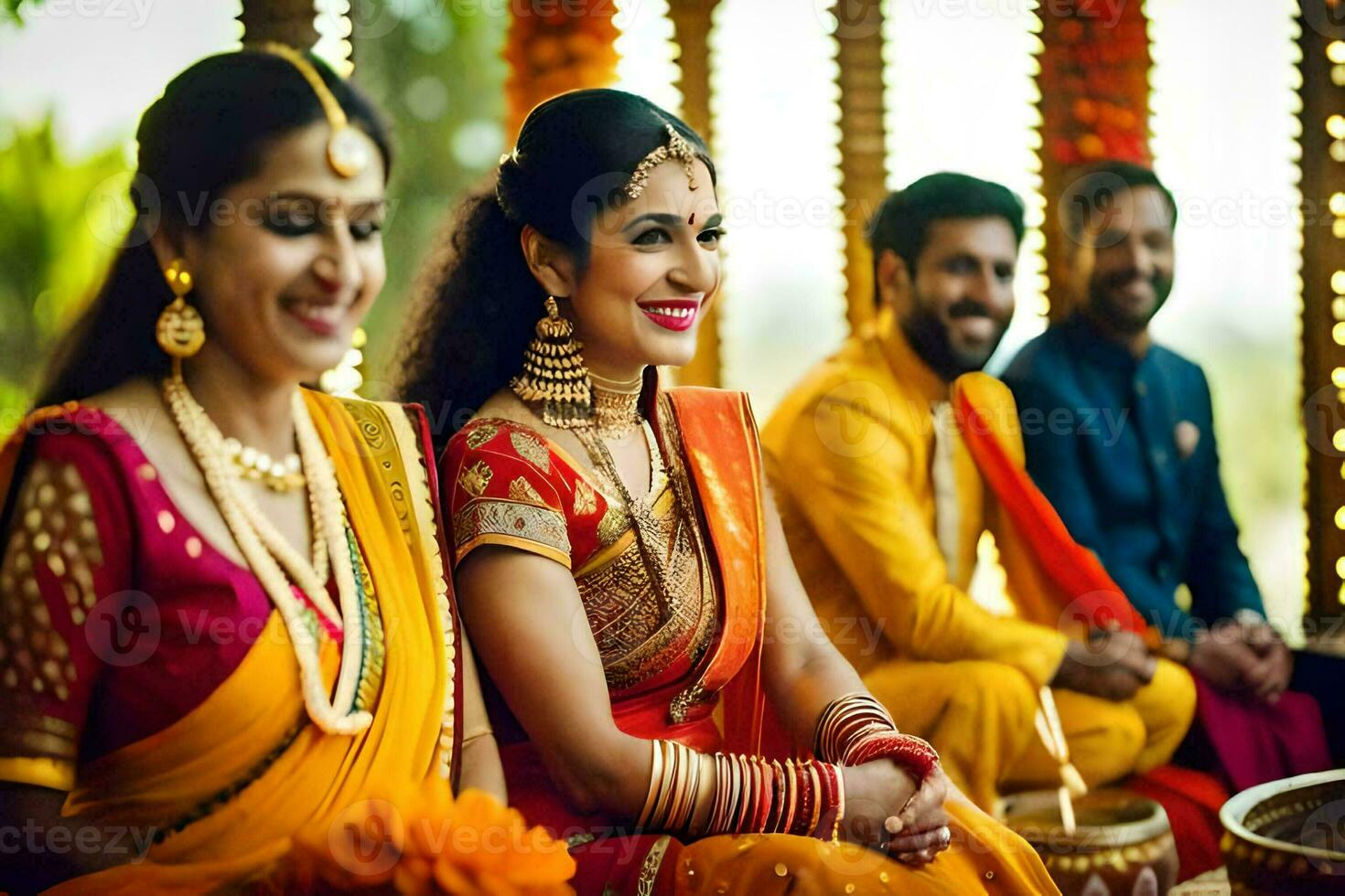 a bride and groom in traditional indian attire. AI-Generated photo
