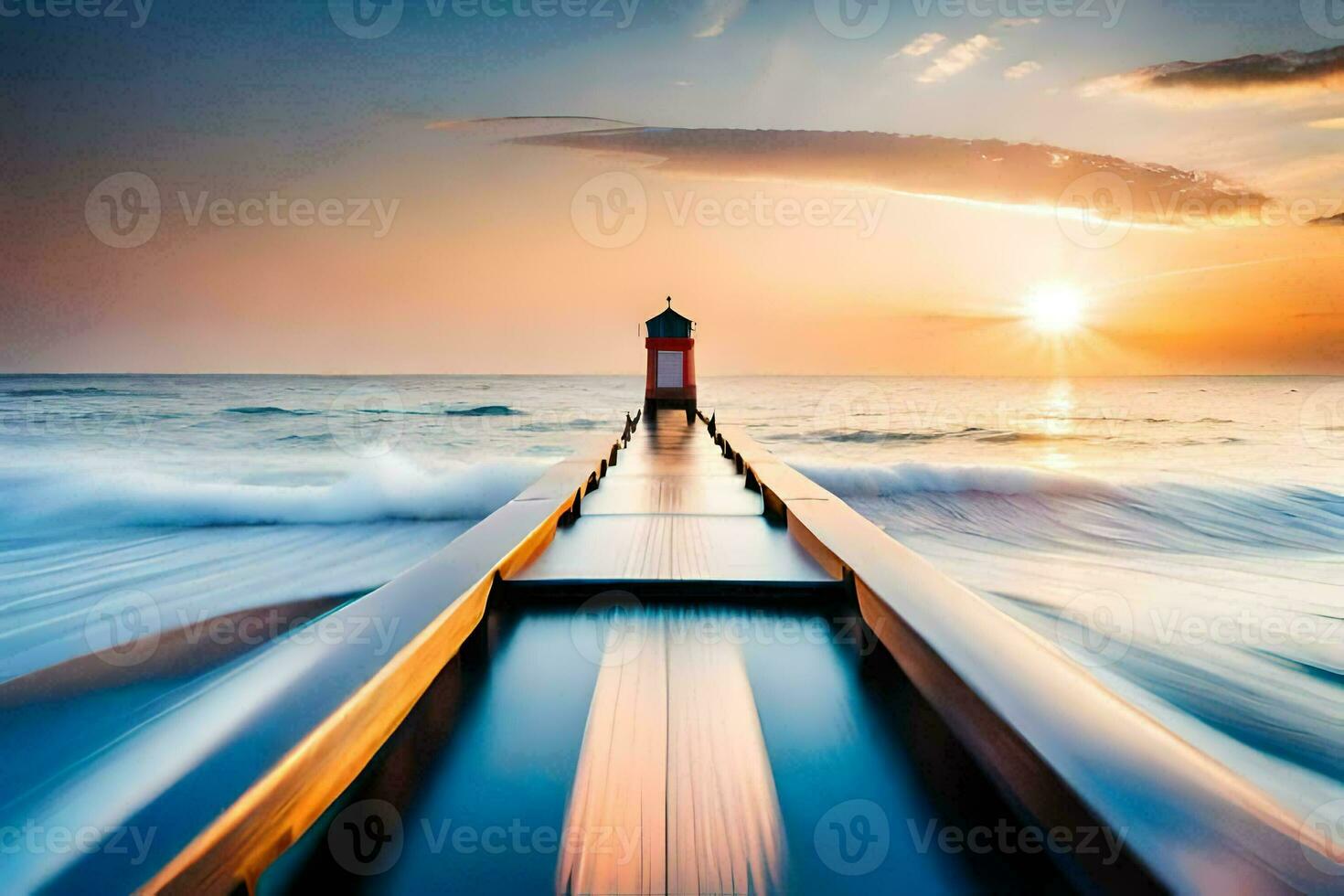 a lighthouse stands on a pier in the ocean at sunset. AI-Generated photo