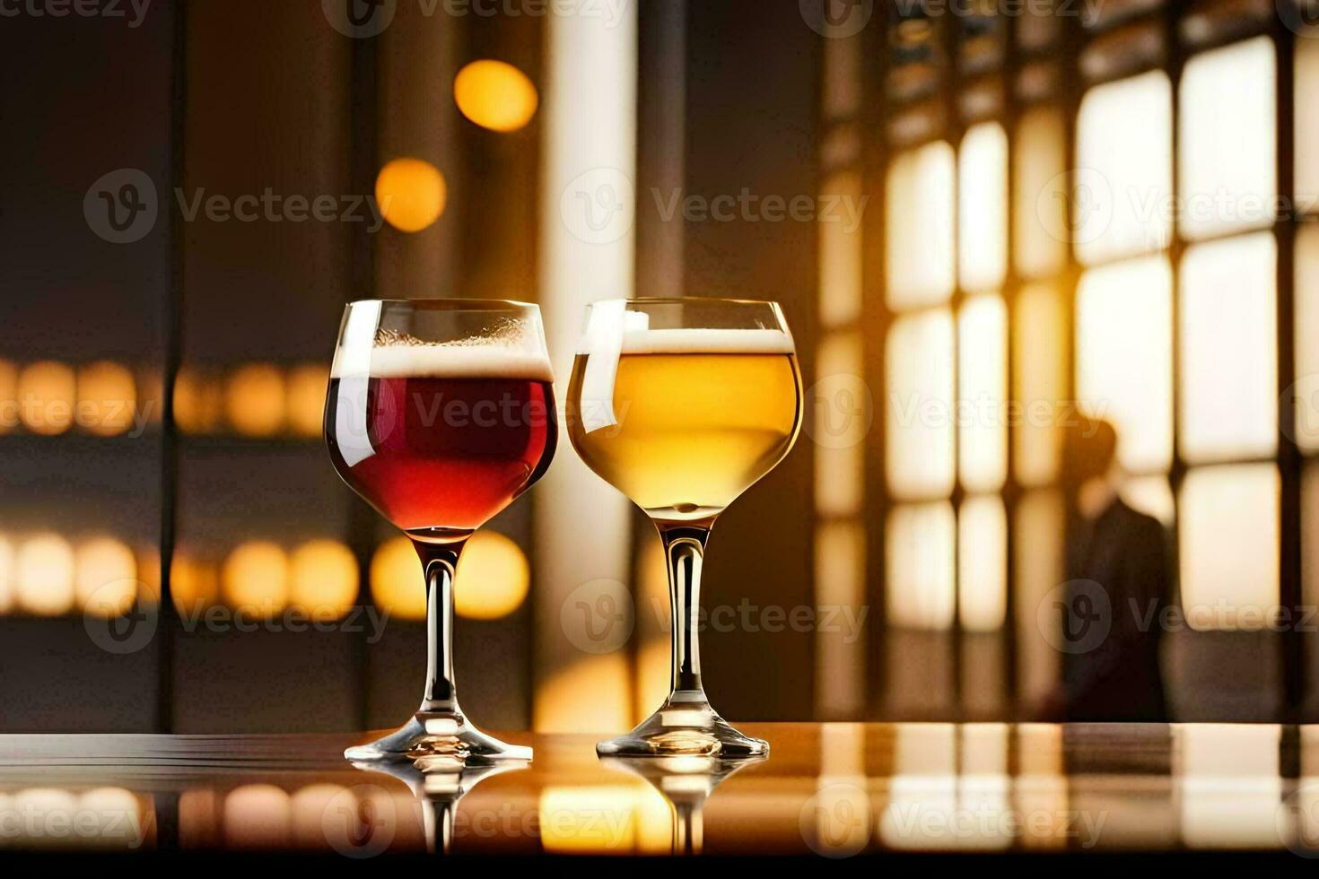 two glasses of beer on a table in front of a window. AI-Generated photo