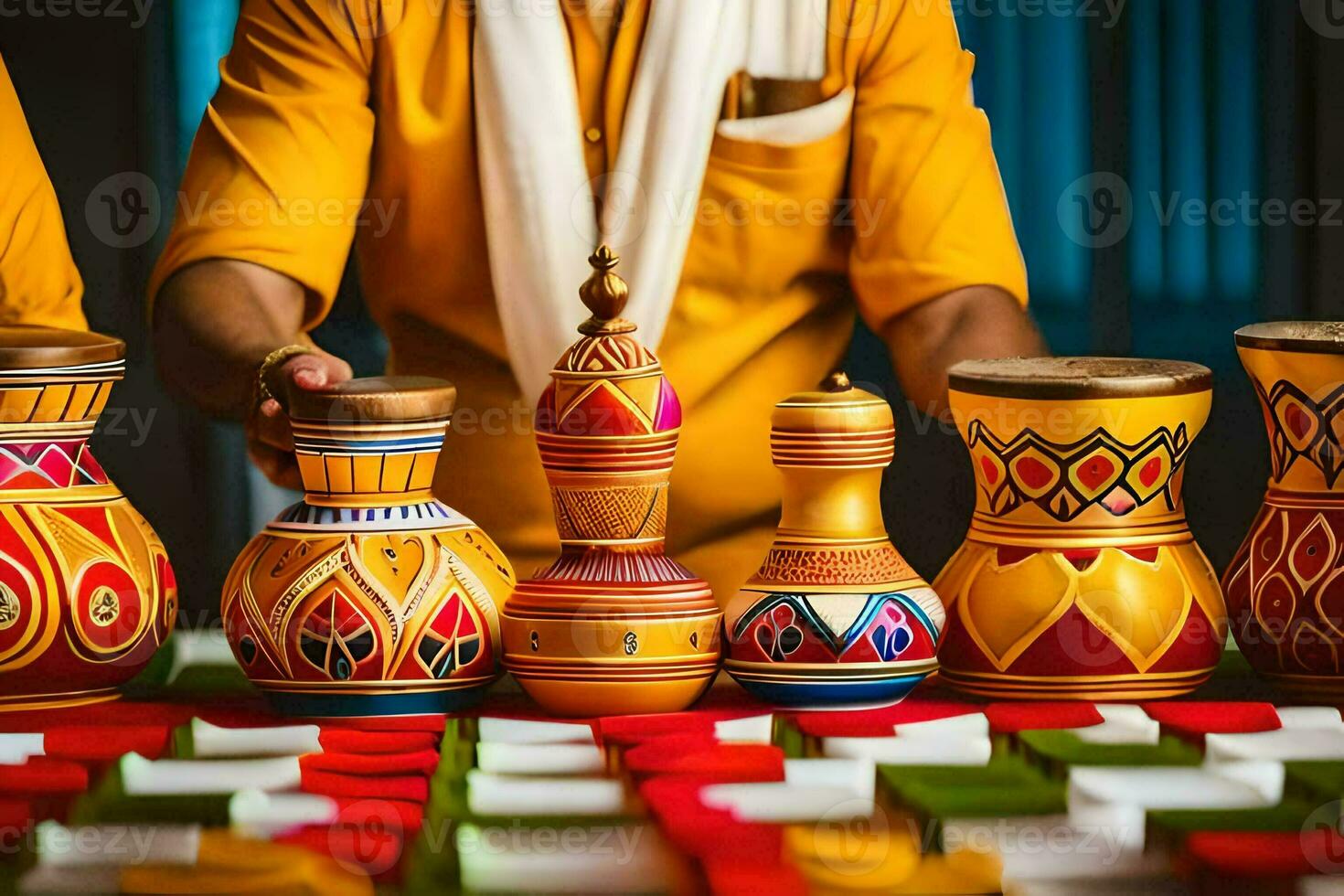 a man in an indian outfit is holding a set of colorful vases. AI-Generated photo