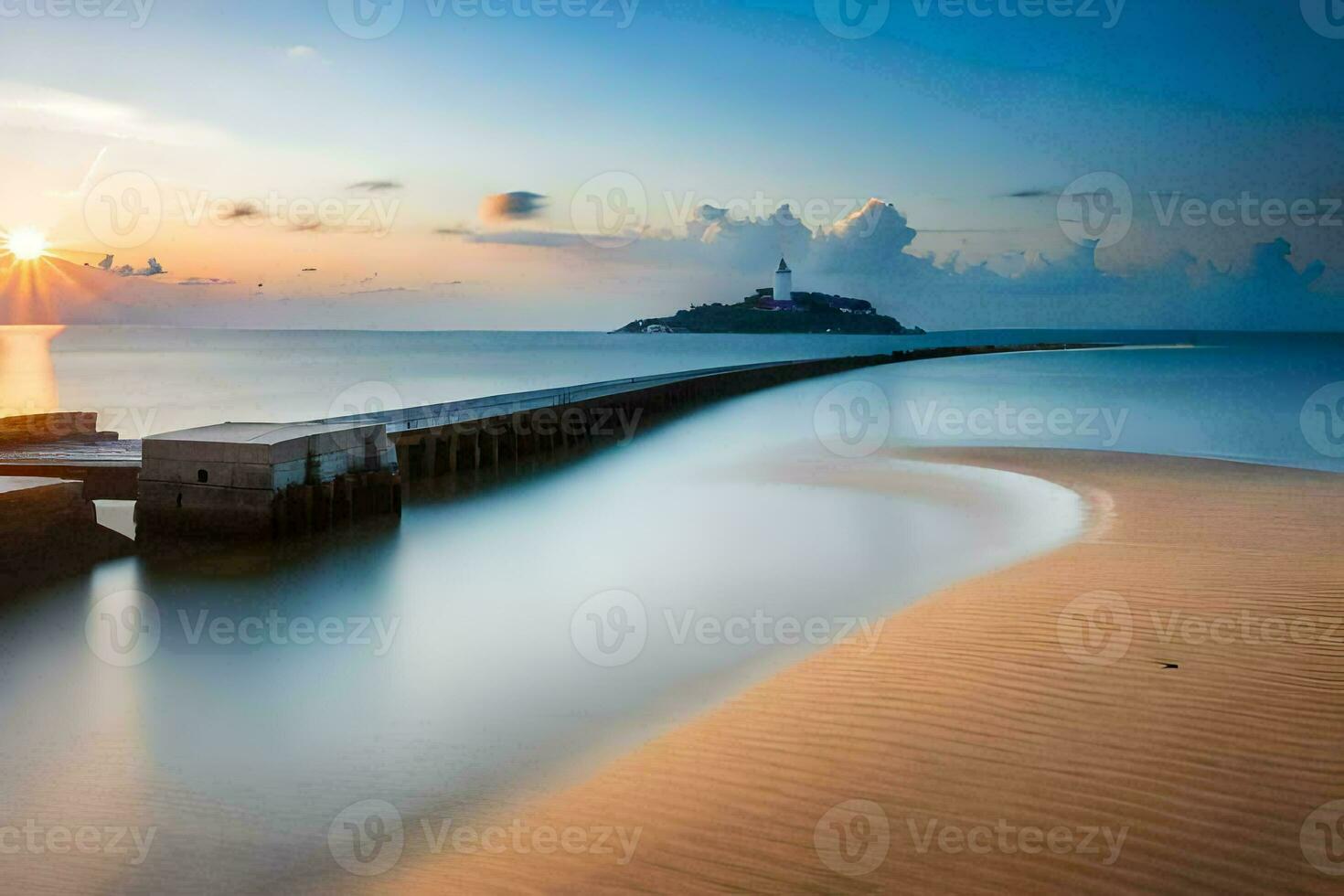 a long exposure photograph of a pier and lighthouse at sunset. AI-Generated photo