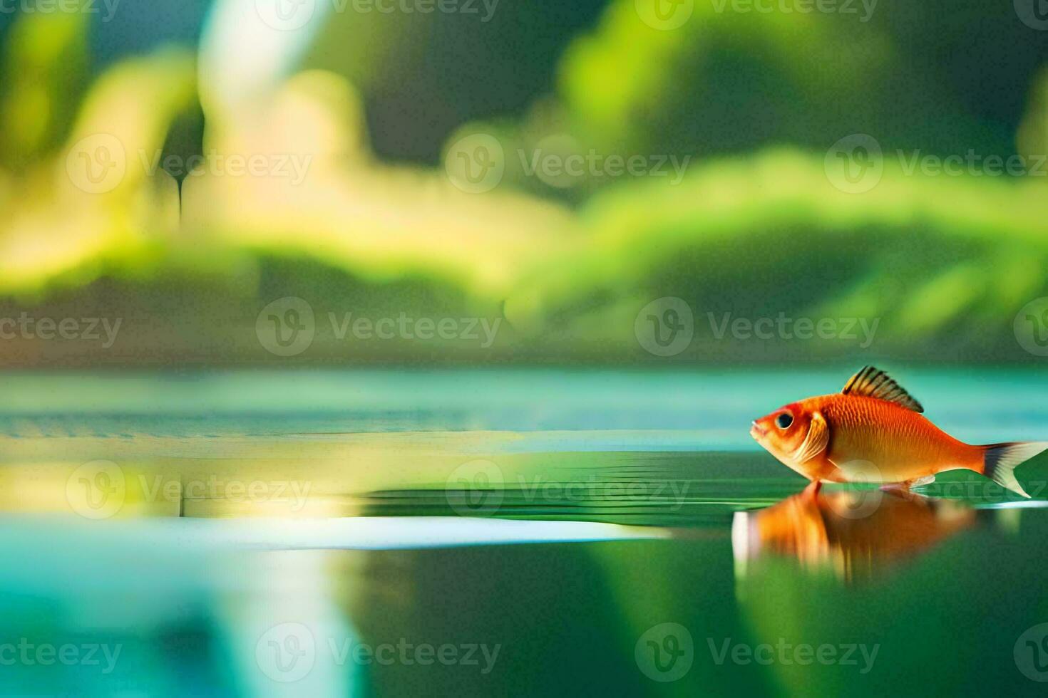 a fish is floating on the water in front of a green background. AI-Generated photo