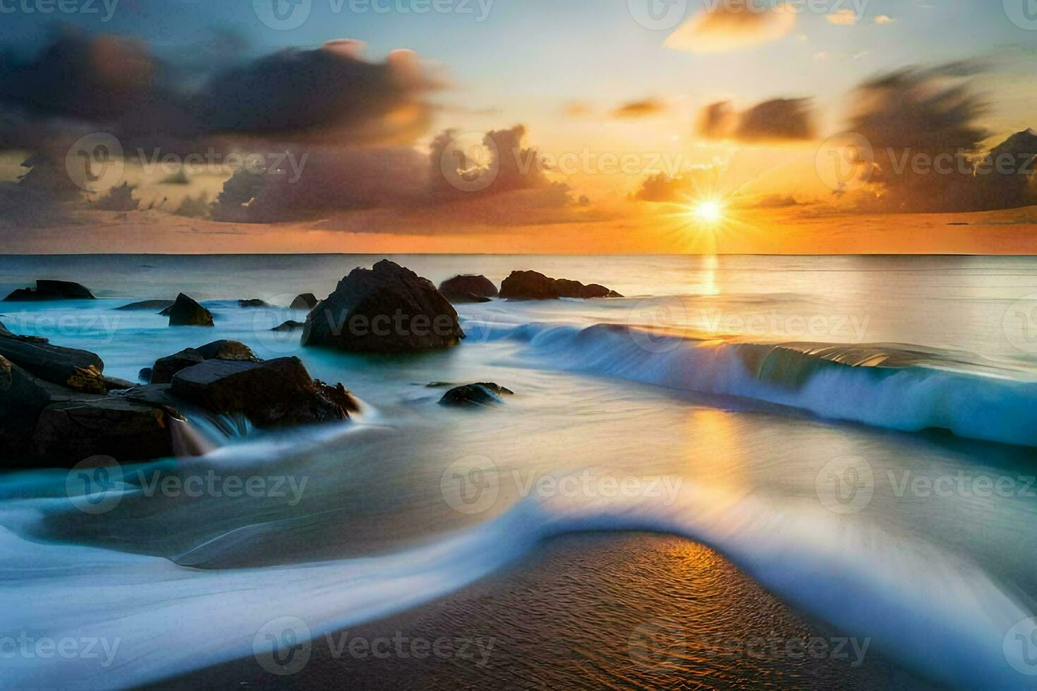 a beautiful sunset over the ocean with waves crashing on the shore. AI-Generated photo