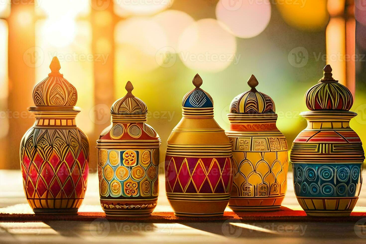 colorful wooden vases on a table. AI-Generated photo