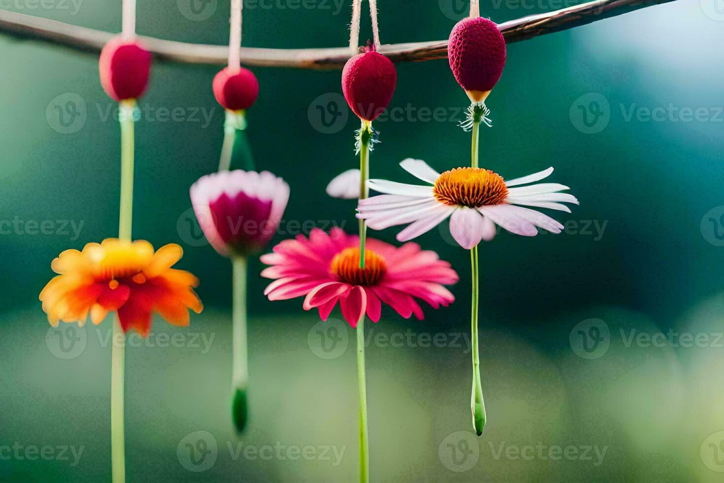 colorful flowers hanging from a branch. AI-Generated photo