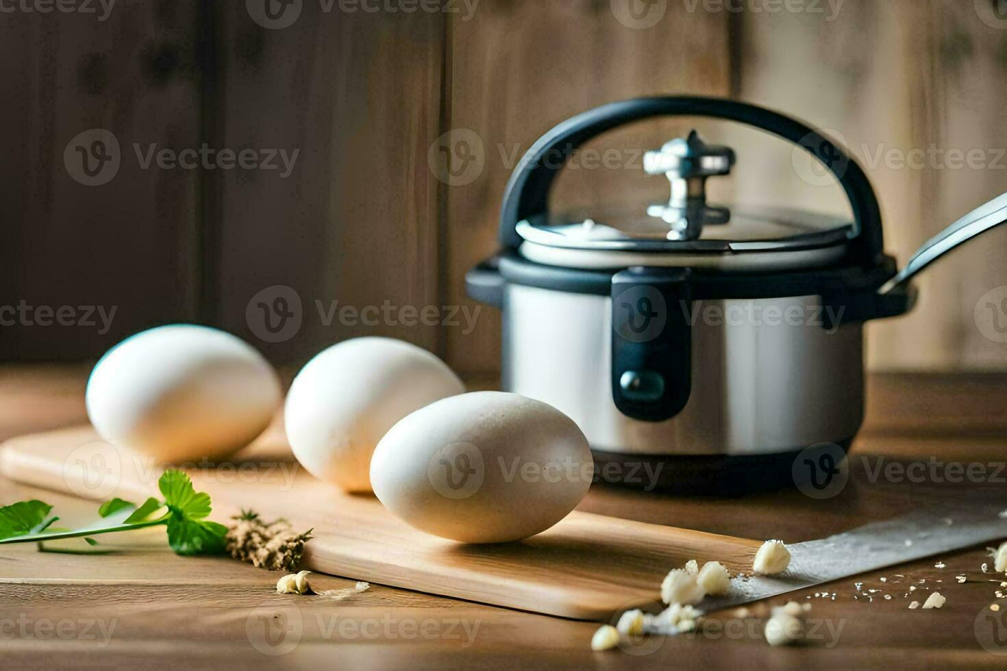 eggs on a cutting board next to a pressure cooker. AI-Generated photo