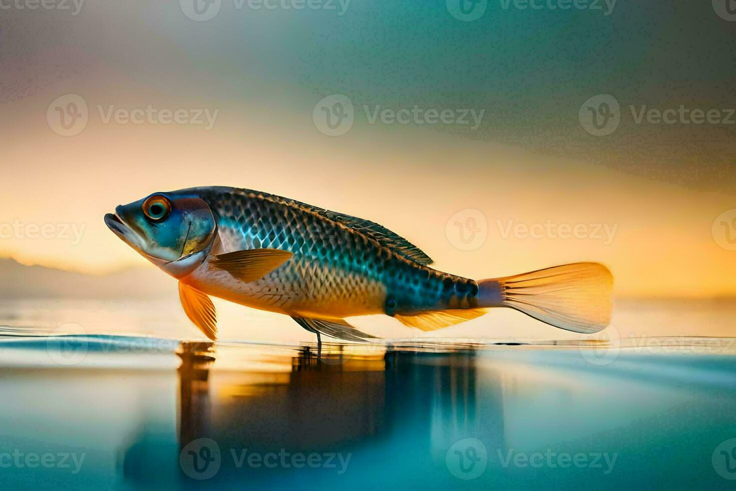 a fish is floating on the water at sunset. AI-Generated photo