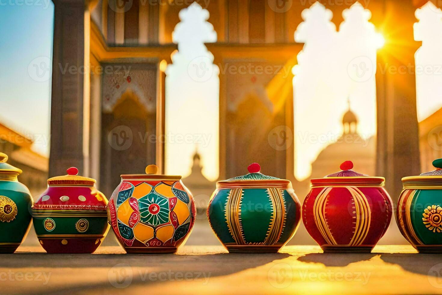 colorful pots lined up in front of a building. AI-Generated photo