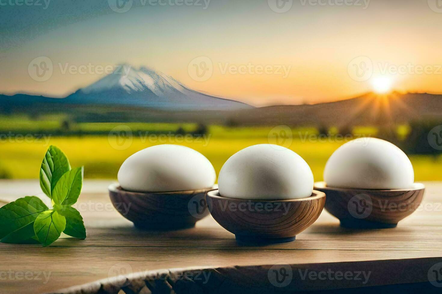 eggs in a bowl with a mountain in the background. AI-Generated photo