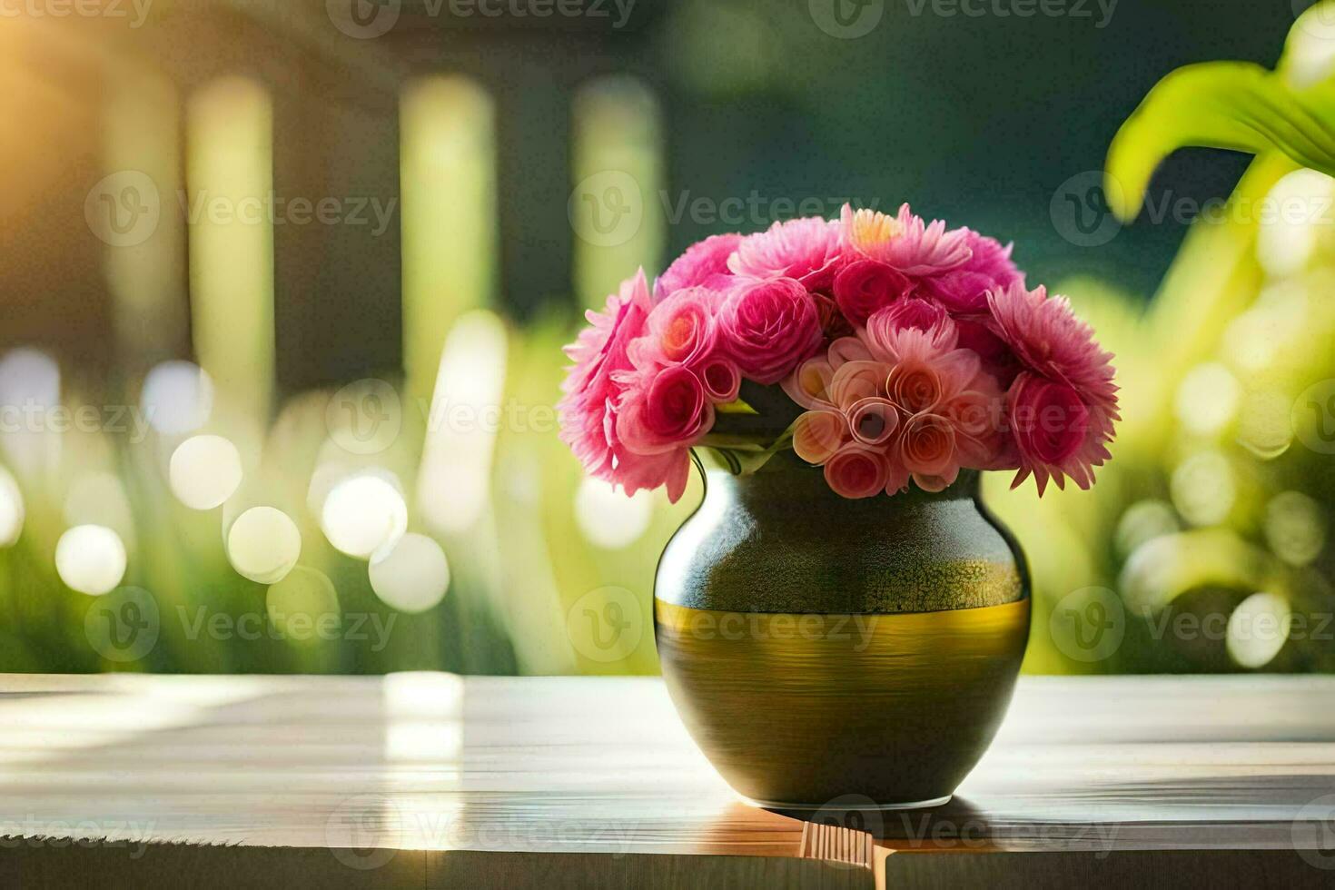 a vase of pink flowers on a table in front of a sun. AI-Generated photo