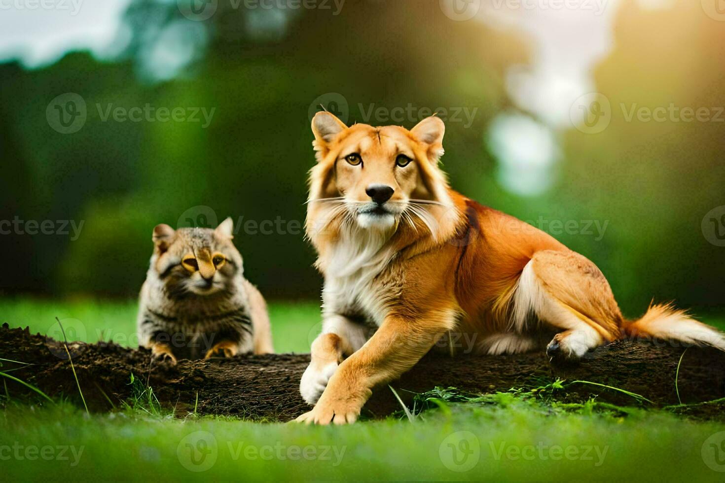 un gato y perro sentado en un Iniciar sesión en el césped. generado por ai foto