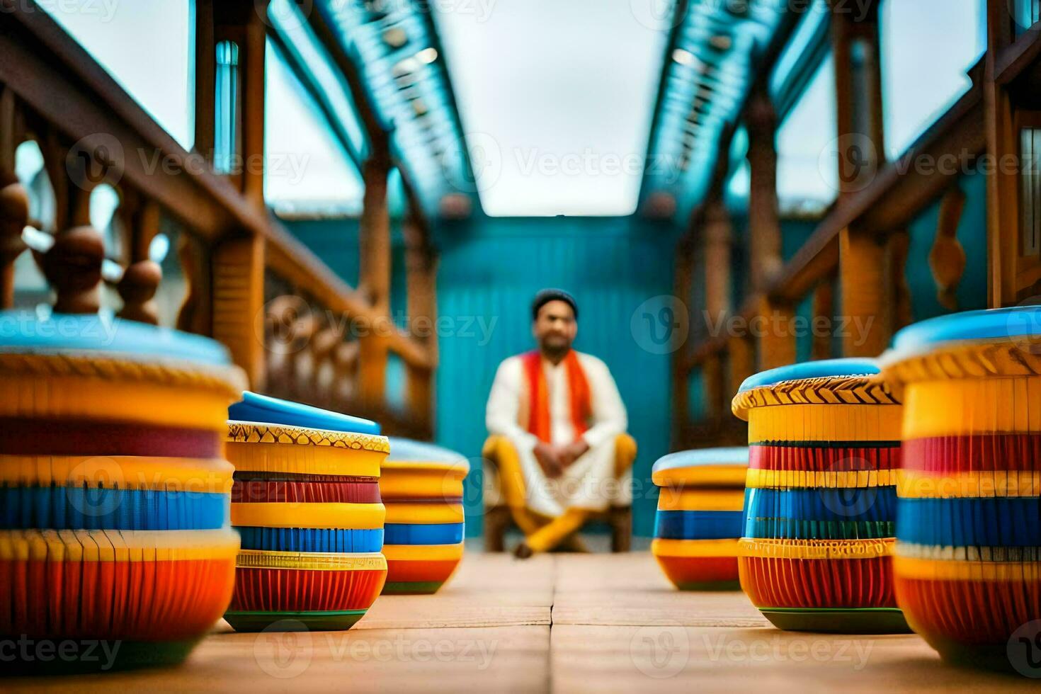 a man sitting on a wooden walkway with colorful drums. AI-Generated photo