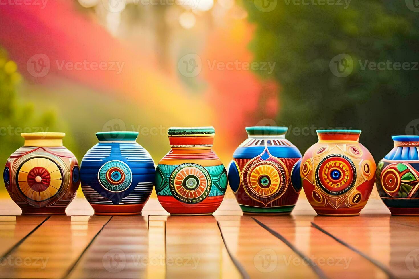 colorful vases on a wooden table. AI-Generated photo