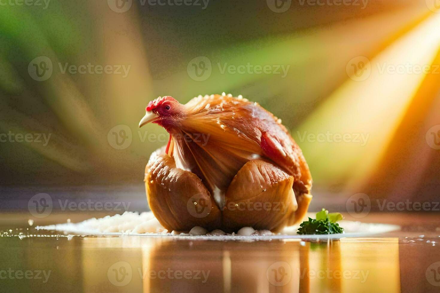 a chicken is sitting on top of a table. AI-Generated photo
