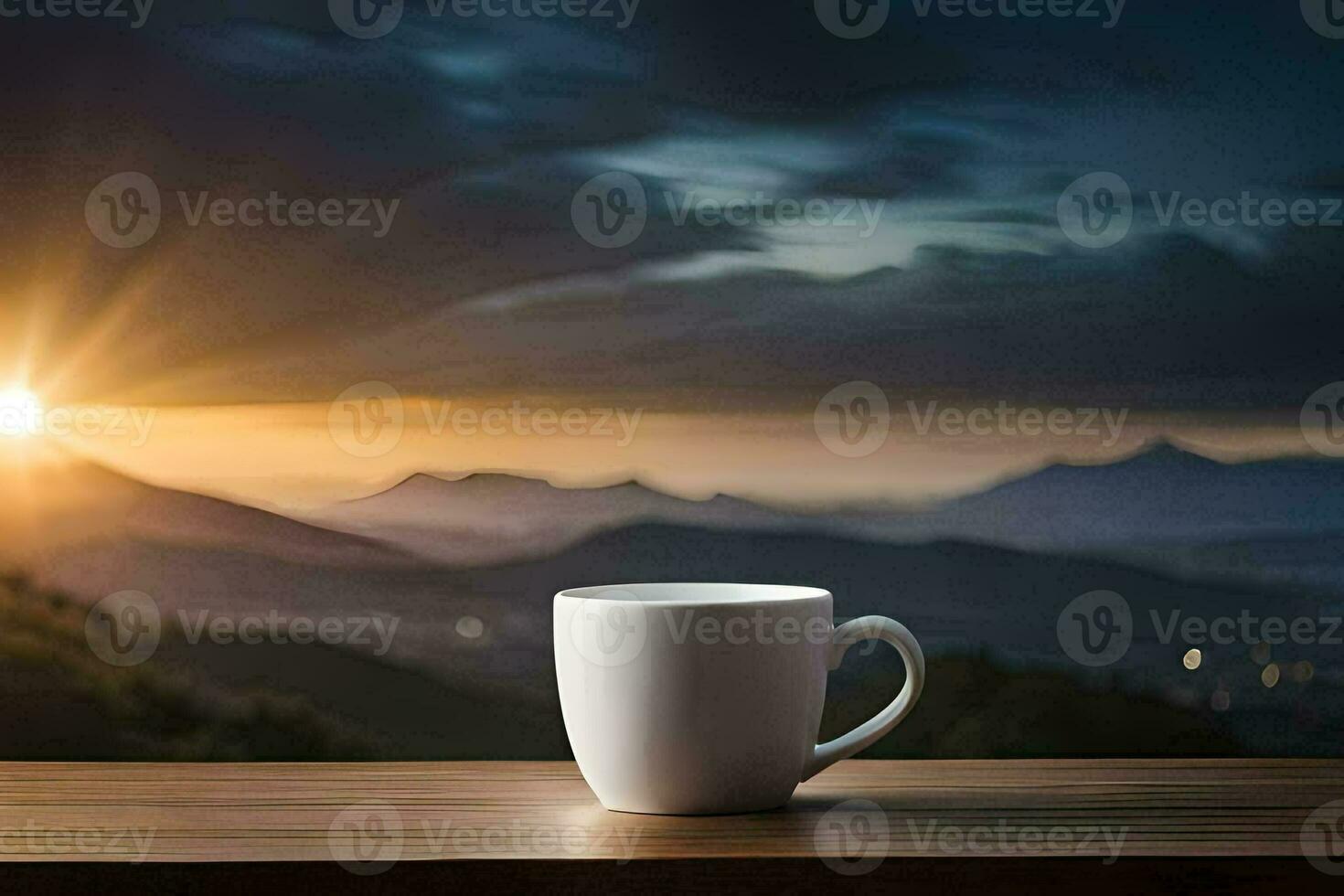 coffee cup on the table with mountains in the background. AI-Generated photo