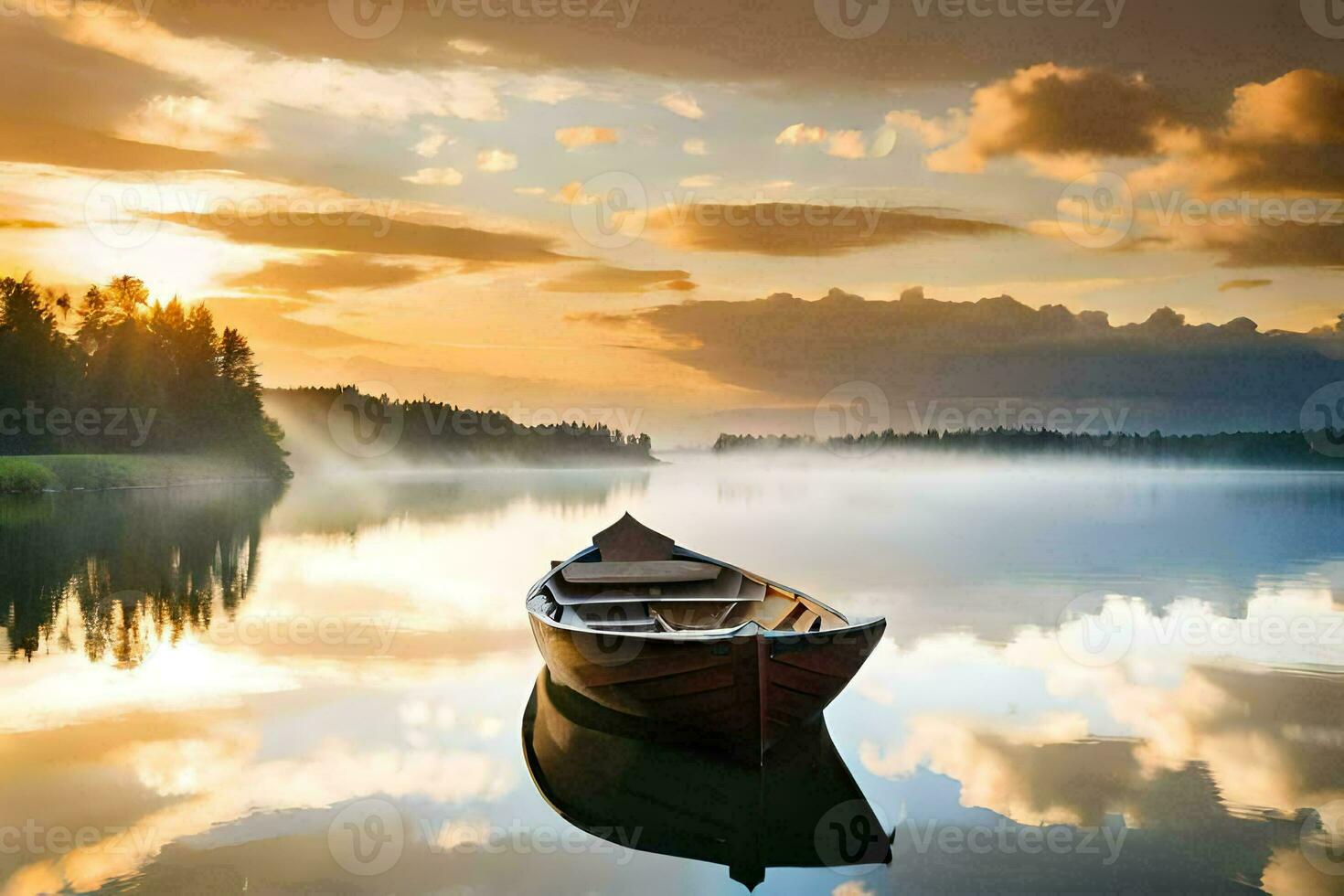 a boat sits on the calm water at sunset. AI-Generated photo