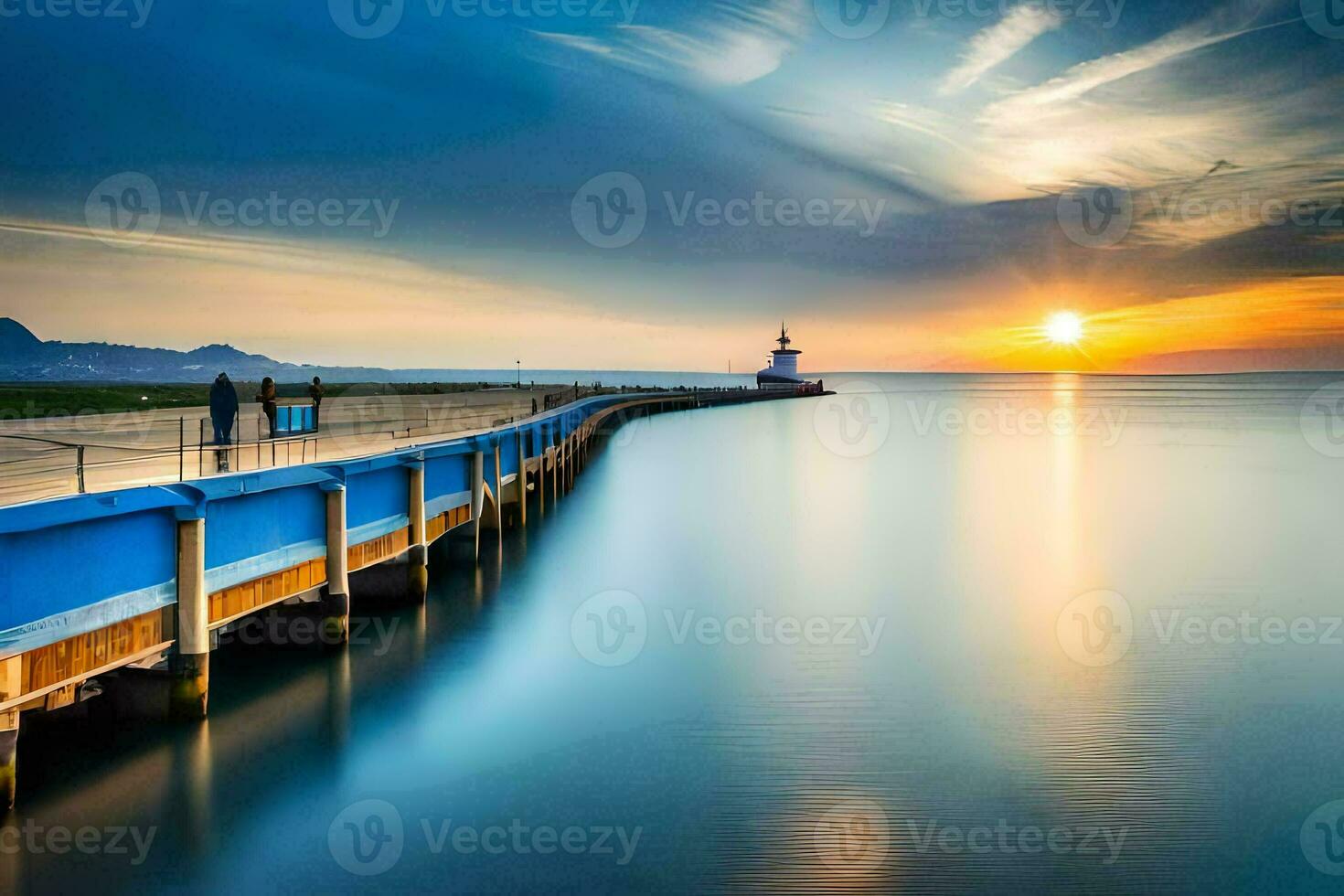 a long exposure photograph of a pier at sunset. AI-Generated photo