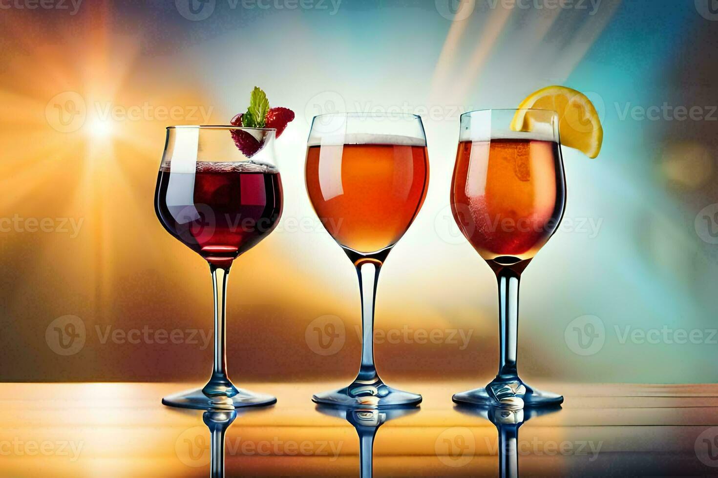 Tres lentes de vino con diferente bebidas en un mesa. generado por ai foto