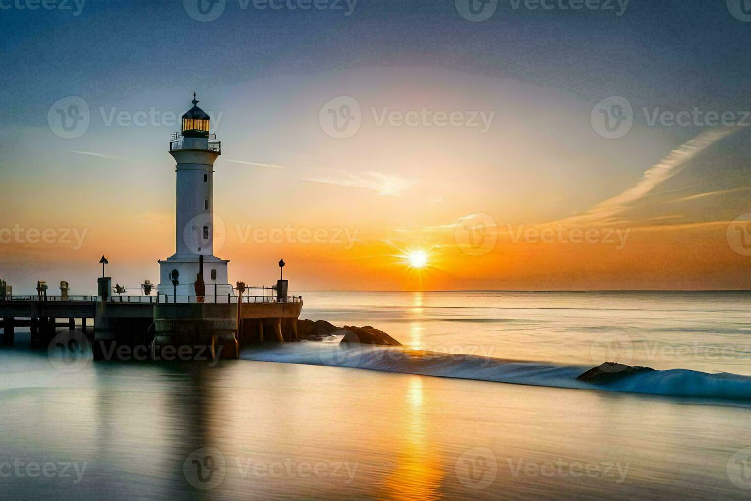 a lighthouse stands on the shore of the ocean at sunset. AI-Generated photo