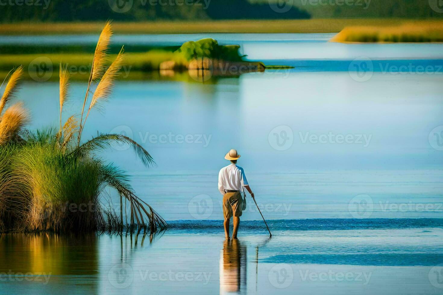 un hombre en un sombrero es en pie en el agua. generado por ai foto