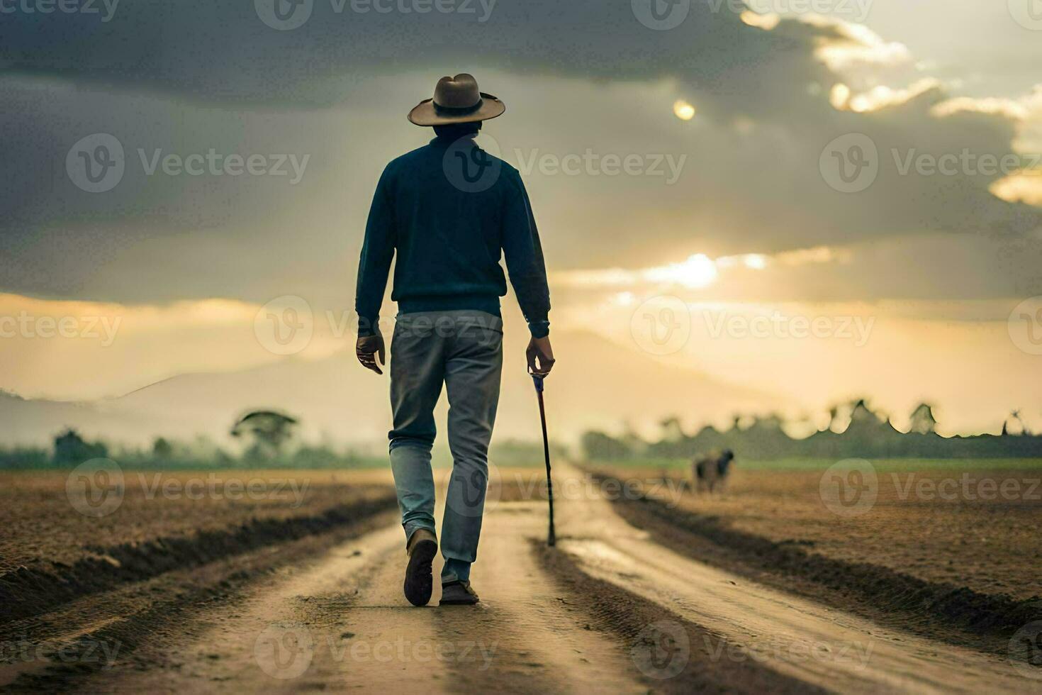 un hombre caminando en un suciedad la carretera con un caña. generado por ai foto