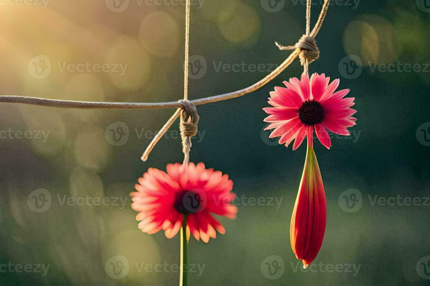 two pink flowers hanging from a rope. AI-Generated photo