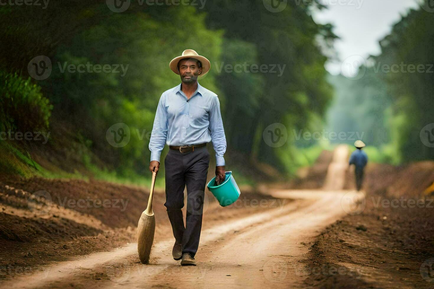 un hombre caminando abajo un suciedad la carretera con un pala. generado  por ai 30850490 Foto de stock en Vecteezy
