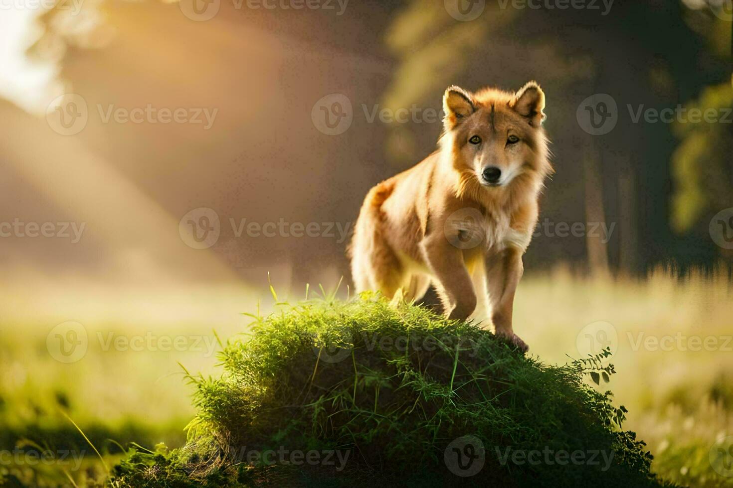 a dog standing on top of a grassy hill. AI-Generated photo