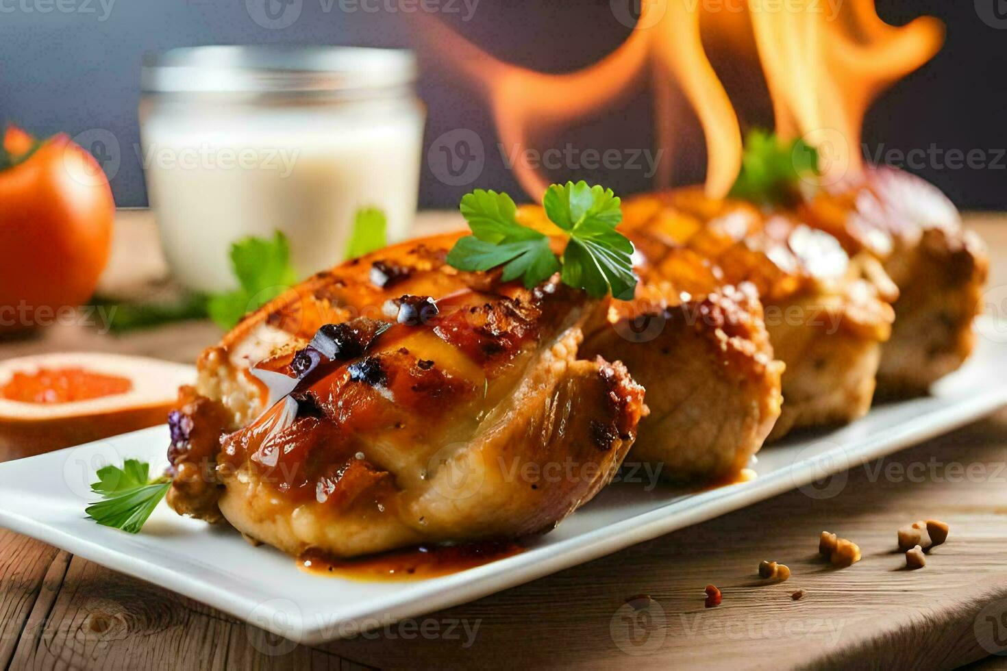 grilled chicken on a plate with sauce and herbs. AI-Generated photo