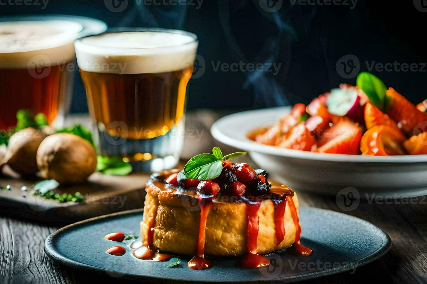 a plate with a dessert and two glasses of beer. AI-Generated photo