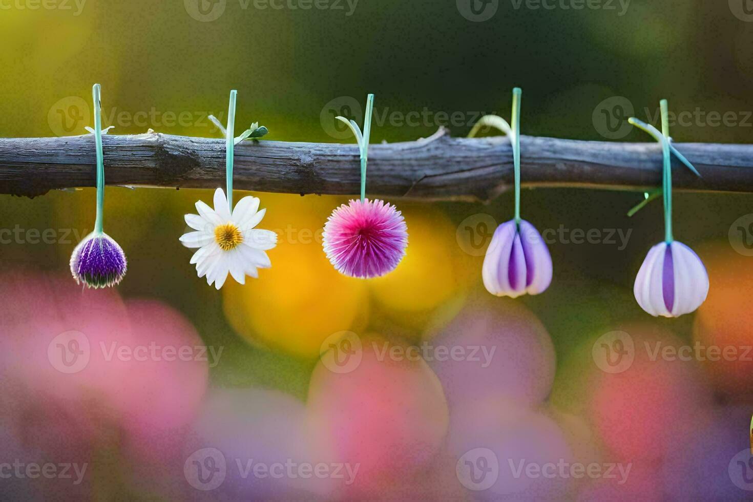 four flowers hanging from a branch. AI-Generated photo