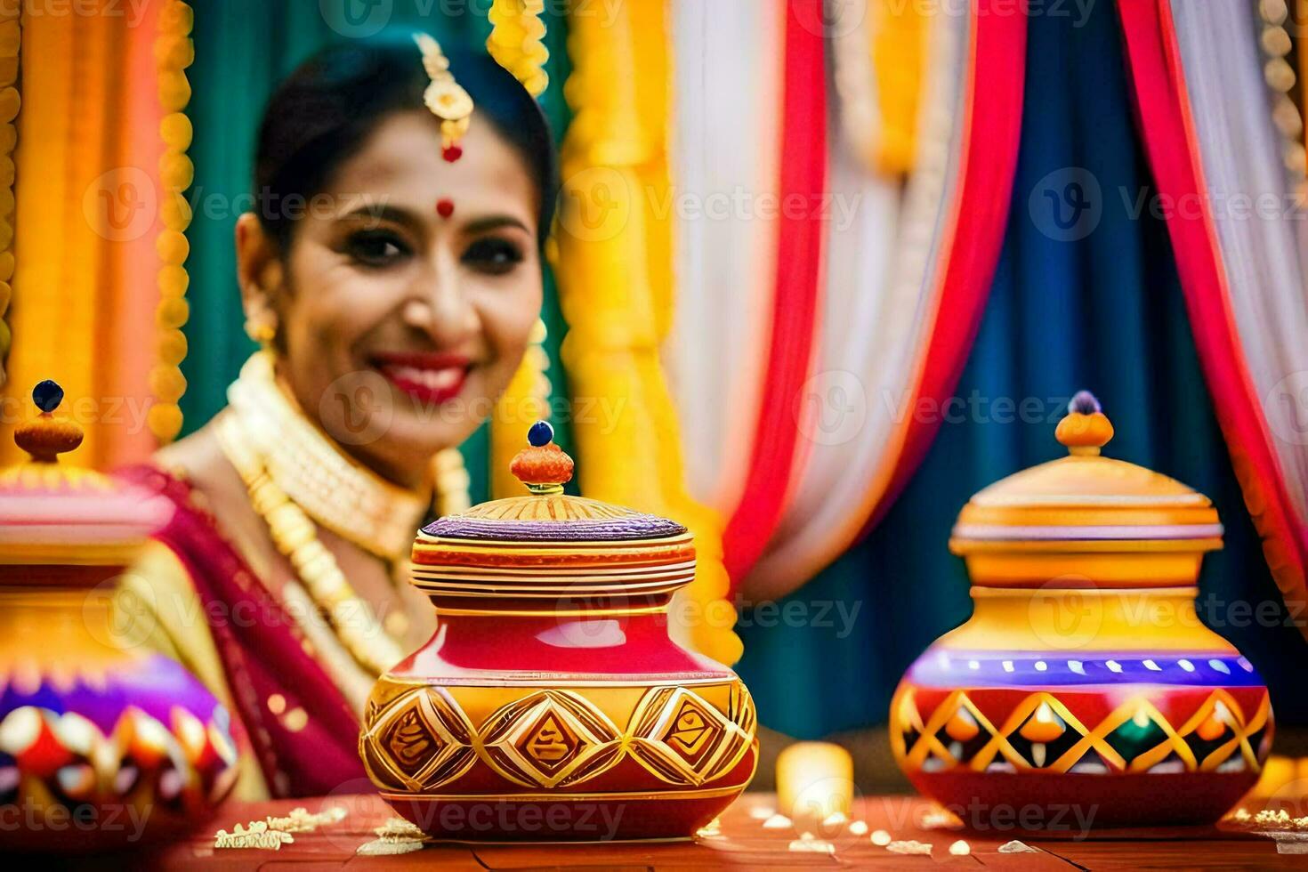 a woman in traditional indian attire smiles at the camera. AI-Generated photo