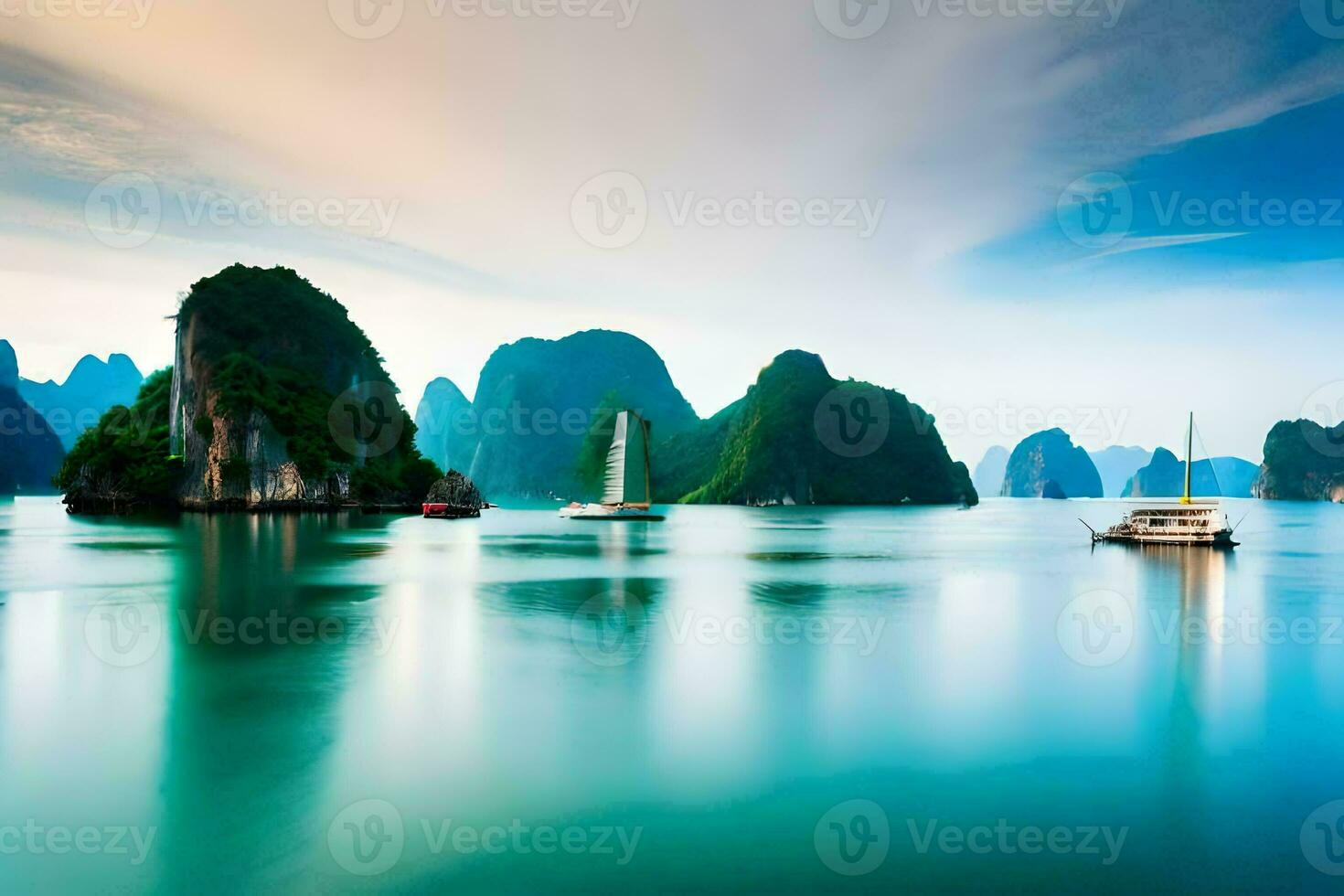 barcos en el agua cerca montañas. generado por ai foto