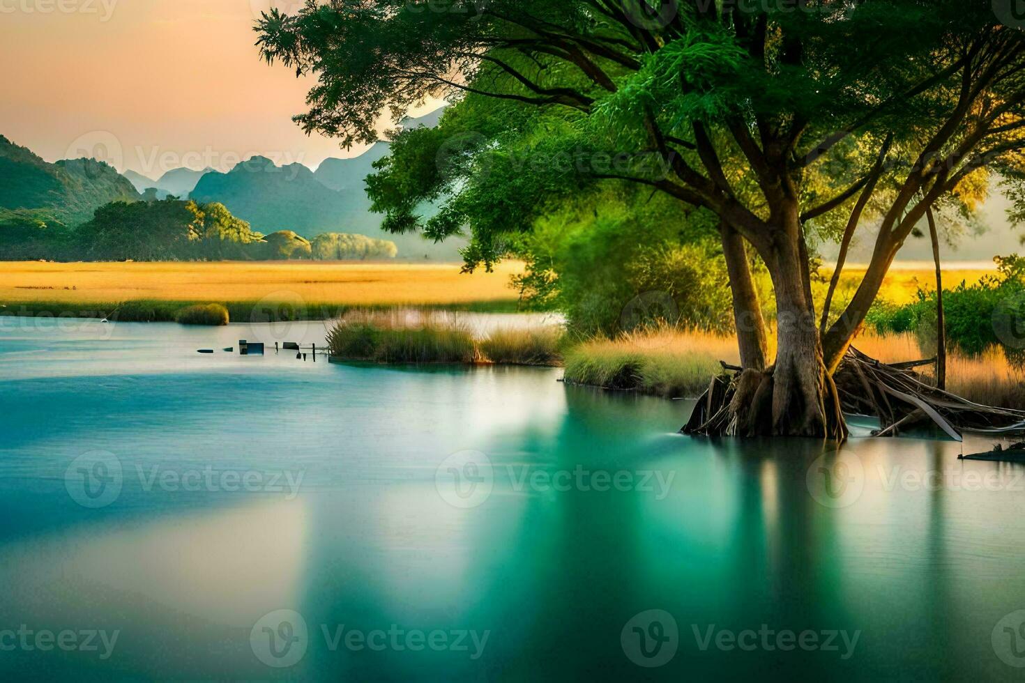 the river is flowing through a grassy field with trees. AI-Generated photo