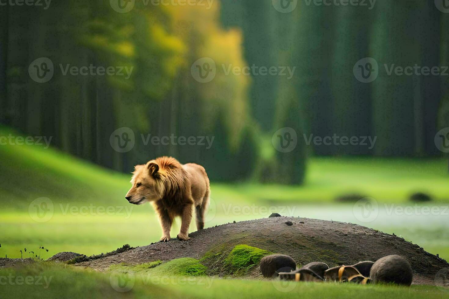 a lion standing on a hill in the middle of a green field. AI-Generated photo