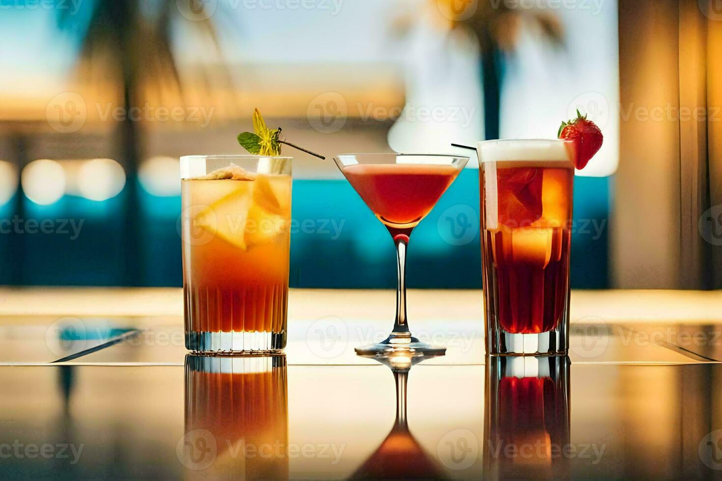 three different cocktails on a table. AI-Generated photo
