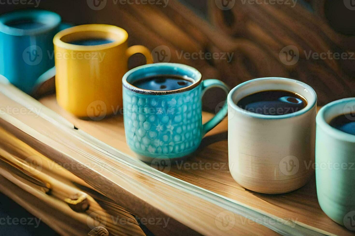 a row of coffee cups on a wooden table. AI-Generated photo