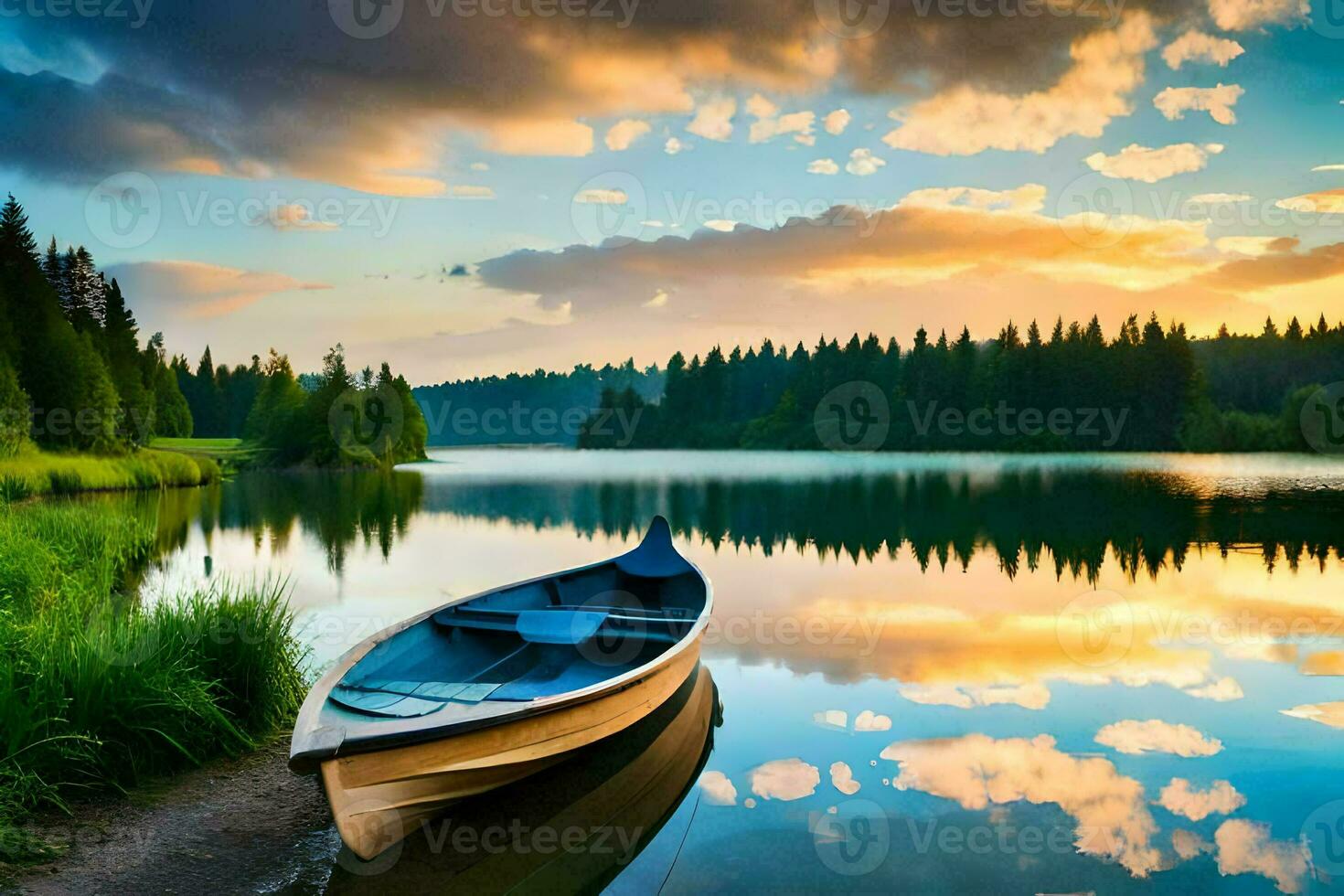 a boat sits on the shore of a lake at sunset. AI-Generated photo